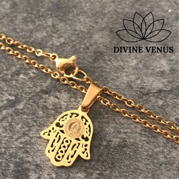 Hamsa Blessed Mother Hand of God Necklace | Gold Plated Stainless Steel - Picture 6 of 7